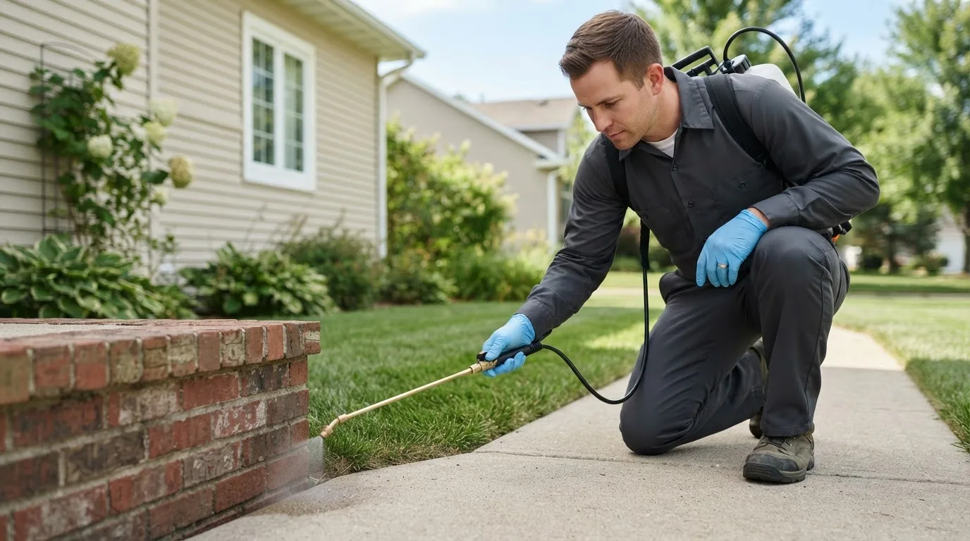 Pest control technician treating a home near Mercer, ND